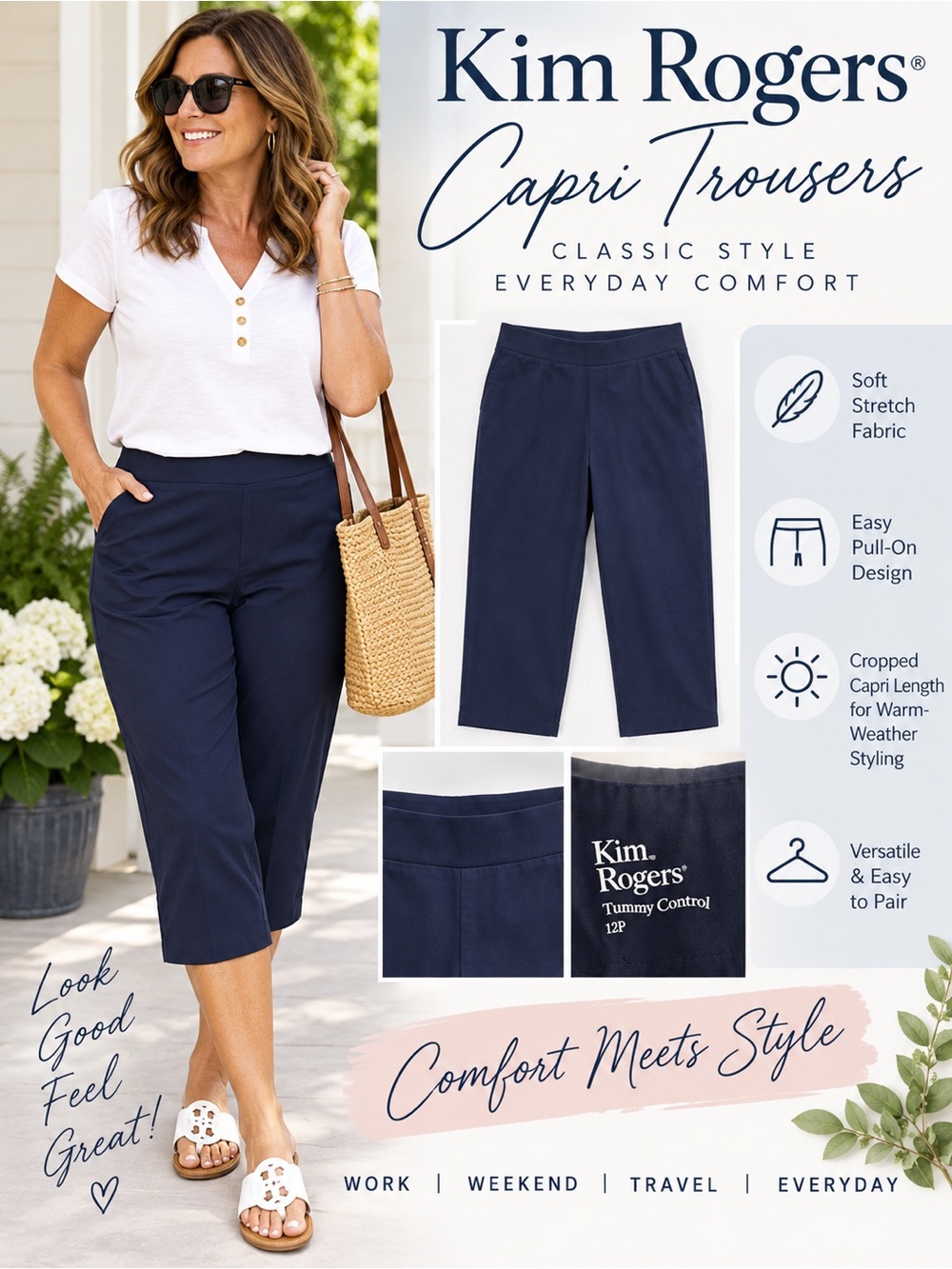 Kim Rogers Navy Pull-On Stretch Capri Trousers